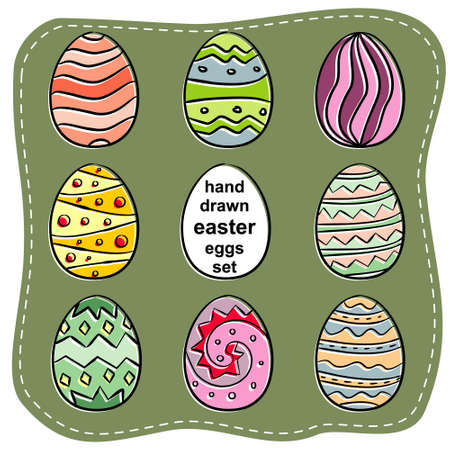 Bright colored easter eggs hand-drawn. Decor elements for Easter cards, posters and design. Set of 8 painted eggs.のイラスト素材