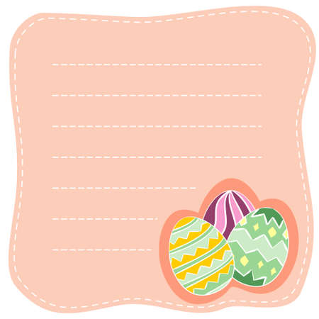 Easter card with a pink background and three painted eggs. Blank for postcard, poster or banner. Easter template with empty lines for text.のイラスト素材