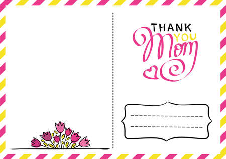 Greeting postard for Mothers Day. Lettering Phrases Thank You Mom. Holiday card for mom with with tulips and text box.のイラスト素材