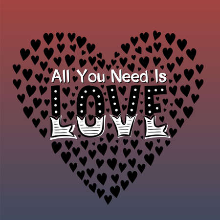 Hand-drawn vector lettering. Happy Valentines Day vector illustration. Dark love card. Typography background. Lettering the words love in the shape of a heart.のイラスト素材