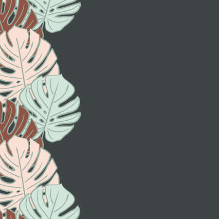 Vector pattern with monstera leaves in art deco style. Blue, pink and brown leaves on a dark background. Monstera leaf side borderのイラスト素材