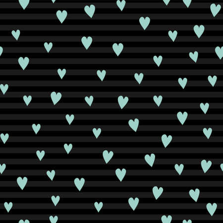 Vector seamless pattern with hearts. Turquoise hearts on a black striped background. Illustration on the theme of love and Valentines Day.のイラスト素材