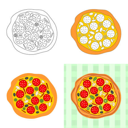 Draw a pizza in steps, from a simple outline to a color model. Vector image of the Pizza for illustrations on the theme of food, cafes and restaurants.のイラスト素材