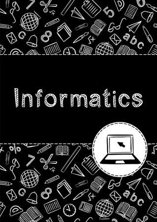 Cover for a school notebook or computer science textbook. School Pattern in black and white chalk style. A hand-drawn icon of an open laptop with an arrow cursor on the screen.のイラスト素材