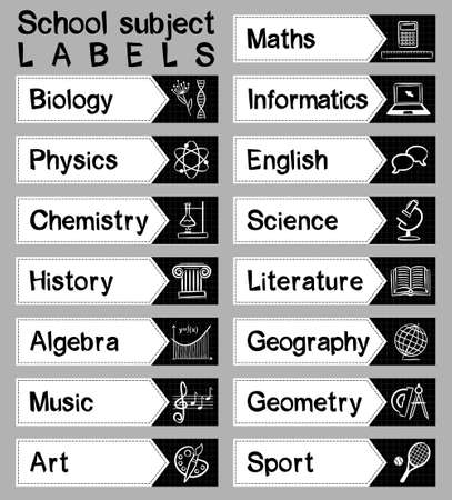 Rectangular black and white labels with names and icons of school subjects. Natural and mathematical science, additional education, tutorship, freelance, sport and art.のイラスト素材