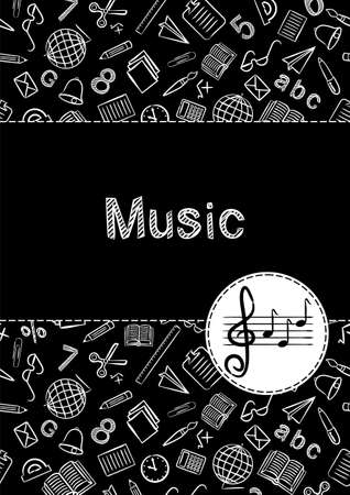 Cover for a school notebook or music textbook. School Pattern in black and white chalk style. Hand-drawn icon of stave and treble clef with notes. Blank for educational or scientific poster.のイラスト素材