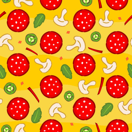 Seamless pizza pattern. Bright and juicy yellow background with pizza ingredients: salami, mint, jalapenos, mushrooms, and slices of sweet pepper. Ornament for design on the theme of food and pizza.のイラスト素材