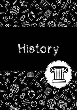 Cover for a school notebook or history book. School Pattern in black and white chalk style. Hand-drawn icon of the ionic greek column. Blank for educational or scientific poster. Archeology themeのイラスト素材