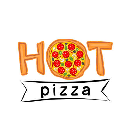 The word hot pizza written in pizza style. Logo for a pizzeria, cafe or restaurant. Title for pizzeria menu on a white background.のイラスト素材