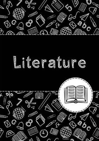 Cover for a school notebook or textbook on Literature. School Pattern in black and white chalk style. Hand-drawn icon of an opened book. Blank for educational or scientific poster.のイラスト素材