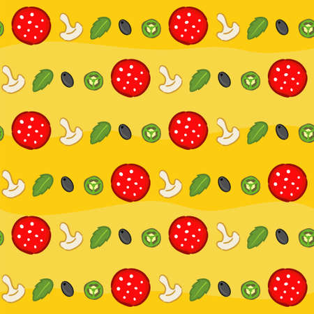 Seamless pizza pattern. Bright and juicy yellow background with pizza ingredients: salami, mint, jalapenos, mushrooms, and slices of sweet pepper. Ornament for design on the theme of food and pizza.のイラスト素材