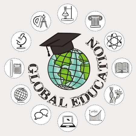 Planet earth in a masters cap and science icons around. Hand-drawn logo for global education. A vector illustration on the subject of study, school, college, institute or university.のイラスト素材