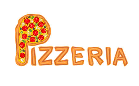 The word Pizzeria written in pizza style. Logo for a pizzeria, cafe or restaurant. Title for pizzeria menu on a white background.のイラスト素材