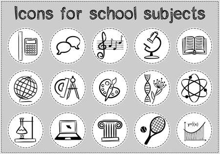 Collection of vector hand drawn icons of education. Natural and mathematical science, additional education, tutorship, freelance, sport and art. Set of black and white symbols for web and apps.のイラスト素材