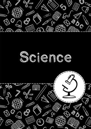 Cover for a school notebook or science textbook. School Pattern in black and white chalk style. Hand-drawn microscope icon. Blank for educational or scientific poster.のイラスト素材
