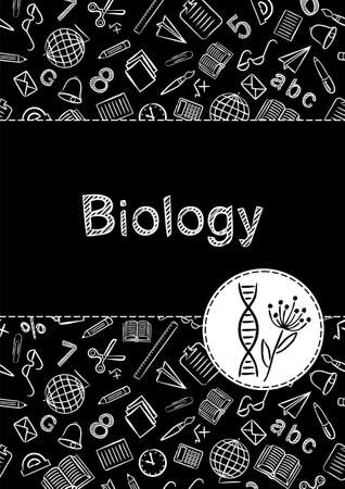 Cover for a school notebook or biology textbook. School Pattern in black and white chalk style. Hand-drawn icon of dna and flower. Blank for educational or scientific poster.のイラスト素材