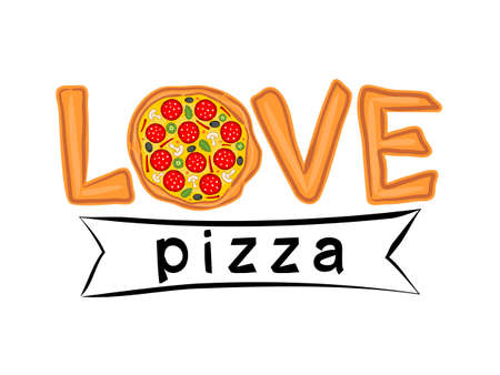 The phrase Love pizza written in pizza style. Logo for a pizzeria, cafe or restaurant. Title for pizzeria menu on a white background.のイラスト素材