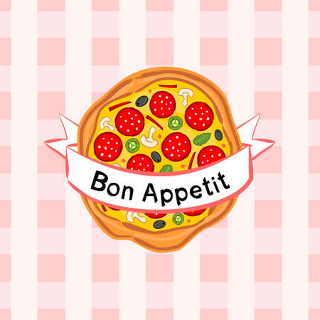 Bright tasty pizza on a pink checkered background wrapped in a white ribbon. Tape with the text "Bon appetit." Logo for a pizzeria, cafe or restaurant. Kitchen pattern.のイラスト素材