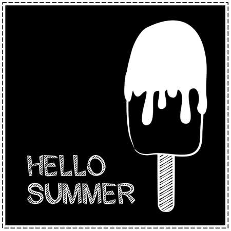 Black ice cream poured with white chocolate on a stick on a blackboard. Vector illustration in chalk style. The phrase "Hello summer" for printing, greeting cards, banners, posters and web.のイラスト素材