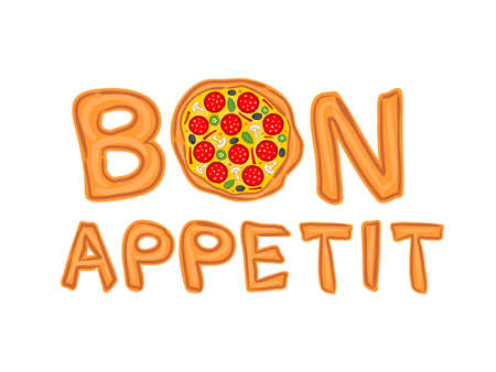 The phrase Bon appetit written in pizza style. Logo for a pizzeria, cafe or restaurant. Title for pizzeria menu on a white background.のイラスト素材