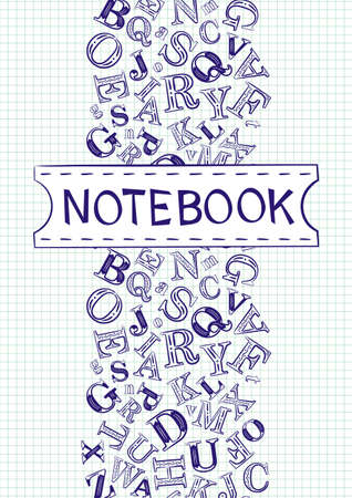 Cover for notebook. White checkered sheet with letters and a sign. School and educational theme, template for the design of covers, posters, posters, presentations and banners. Vector illustrationのイラスト素材
