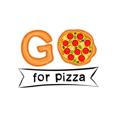 The phrase Go for pizza written in pizza style. Logo for a pizzeria, cafe or restaurant. Title for pizzeria menu on a white background.のイラスト素材