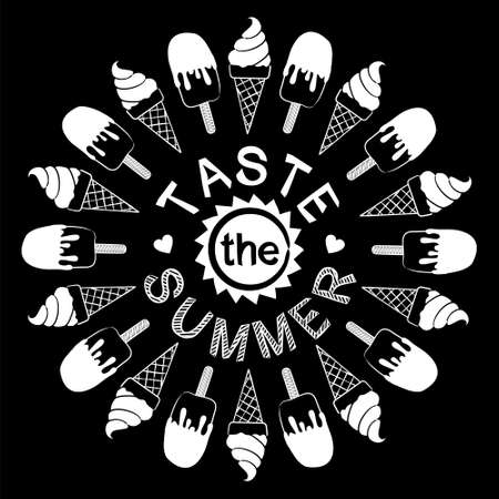 Round frame of white ice cream on a black background in chalk style. Lettering on the theme of summer and ice cream. The phrase "Try summer" for printing, greeting cards, banners, posters and web.のイラスト素材