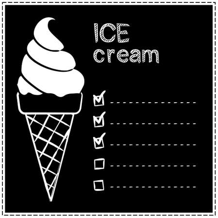 White ice cream in a black waffle cone on a black background. Vector illustration in chalk style. Ice cream menu for cafe and restaurant. Cretaceous list with checkmarks.のイラスト素材