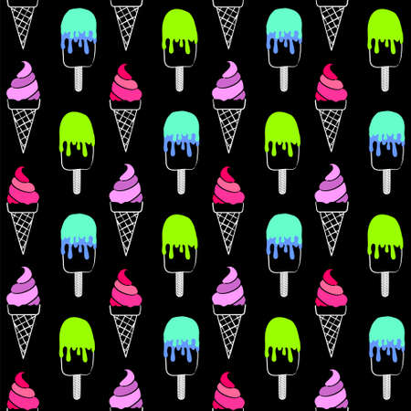 Seamless vector pattern with bright acid ice cream on a black background. Blue and green popsicle. Pink and lilac ice cream in a waffle cone. Background for textiles, baby products and packaging.のイラスト素材