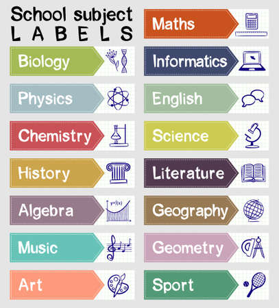 Rectangular color labels with names and icons of school subjects. Natural and mathematical science, additional education, tutorship, freelance, sport and art.のイラスト素材