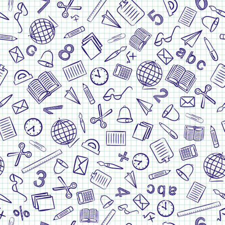 Seamless doodle pattern with school elements. Vector background. School pattern on page from a notebook in a cage.のイラスト素材
