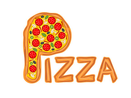 Letter P in the form of pizza. Logo for a pizzeria, cafe or restaurant. Title for pizzeria menu on a white background.のイラスト素材