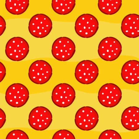 Seamless pizza pattern. Bright and juicy yellow background with pizza ingredients: salami and pepperoni. Ornament for design on the theme of food and pizza.のイラスト素材