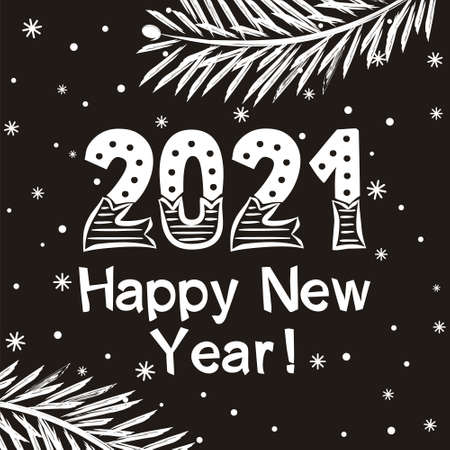 Happy new year 2021. Chalk Lettering of hand-drawn numbers on a blackboard with spruce branches. Vector illustration for the design of New Year cards and posters.のイラスト素材