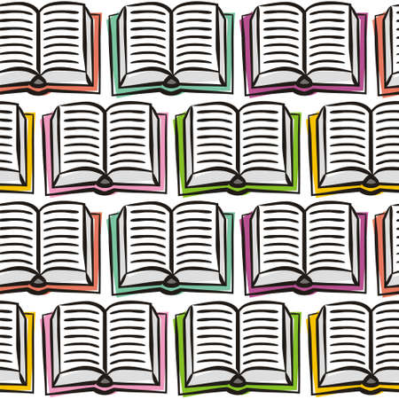 Seamless pattern from hand-drawn opened books. White background with multi-colored covers. Background for notebooks, textbooks, school and education topics. Vector illustrationのイラスト素材