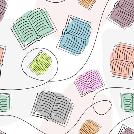 Seamless pattern of hand-drawn opened books with lines and watercolor stains. Light background with colored covers. Background for notebooks, textbooks, school and education topic. Vector illustrationのイラスト素材