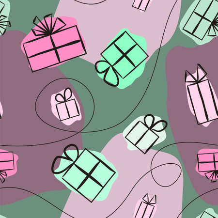 Seamless pattern for gift wrapping paper. Background with gift boxes with bows. Hand-drawn gift boxes in doodle style and bright watercolor spots. Vector illustrationのイラスト素材