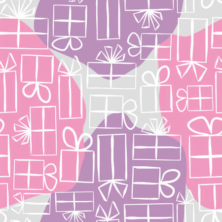 Pink Seamless pattern for gift wrapping paper. Spot Background with gift boxes with bows. Hand-drawn gift boxes in doodle style. Vector illustrationのイラスト素材