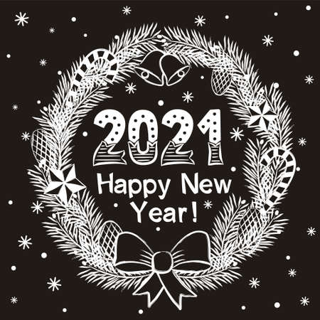 Happy new year 2021. Chalk Lettering of hand-drawn numbers on a blackboard in Christmas wreath. Vector illustration for the design of New Year cards and posters.のイラスト素材