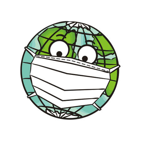 Earth globe in a protective medical mask. Protection against viruses, diseases and epidemics. Hand-drawn icon for medical infographic. Isolated Vector Iconのイラスト素材