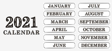 2021 calendar headers. Designs for printing a calendar. Names of 12 months. Template for printing diaries, yearbooks, gliders, notebooks and cards. Vector illustrationのイラスト素材