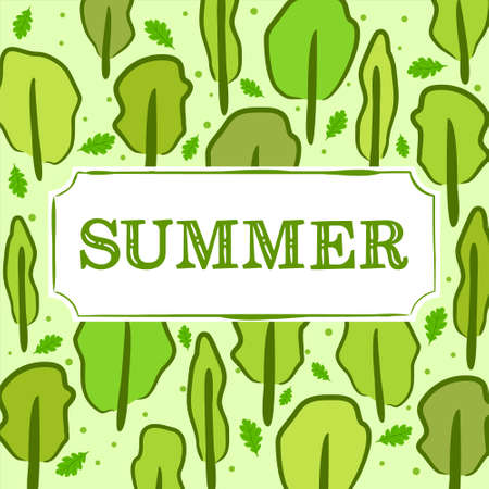 Season - Summer. Pattern for the seasonal calendar. Green trees and leaves on a light green background. The inscription "summer" in a white frame. Vector illustration for posterのイラスト素材