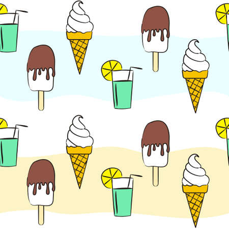 Seamless hand drawn summer pattern. Cute background with popsicle, ice cream and cool cocktail. The vector illustration on the theme of summer, sun, heat and relaxation.のイラスト素材