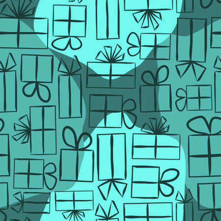 Turquoise Seamless pattern for gift wrapping paper. Spot Background with gift boxes with bows. Hand-drawn gift boxes in doodle style. Vector illustrationのイラスト素材