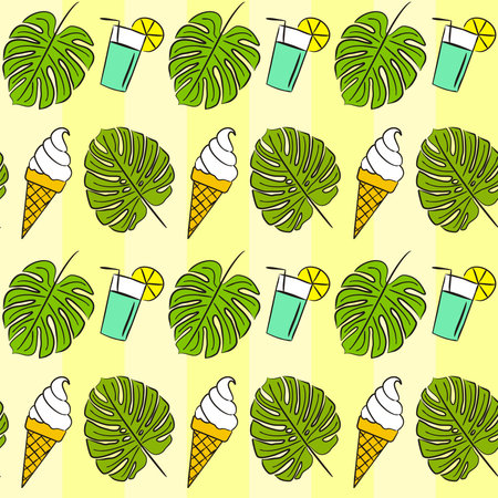Seamless hand drawn summer pattern. Bright sunny background with green leaves of monstera, ice cream...