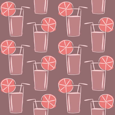 Seamless hand drawn summer pattern. Dark pink background with cool cocktail. The vector illustration on the theme of summer, sun, heat and relaxation.のイラスト素材