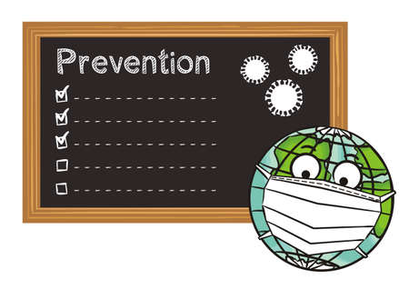 A blackboard with a checklist of rules for prevention against viruses and diseases. Earth globe in a protective mask. Quarantine and epidemic protection actions. The vector medical illustration.のイラスト素材