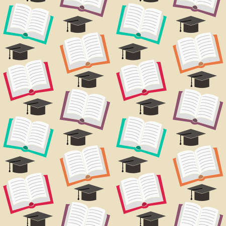 Seamless pattern of flat opened books and master hat. Light background with colored covers. Background for notebooks, textbooks, school and education topics. Vector illustrationのイラスト素材