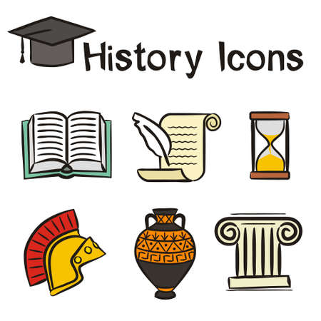 Set of hand-drawn icons on the theme of History. Pictograms of an open book, Greek column, Roman helmet, amphora, scroll, hourglass. Vector illustration on the theme of archeology and education.のイラスト素材