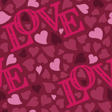 Seamless vector pattern. Lettering of the word Love with hearts. Background in dark pink colors.のイラスト素材